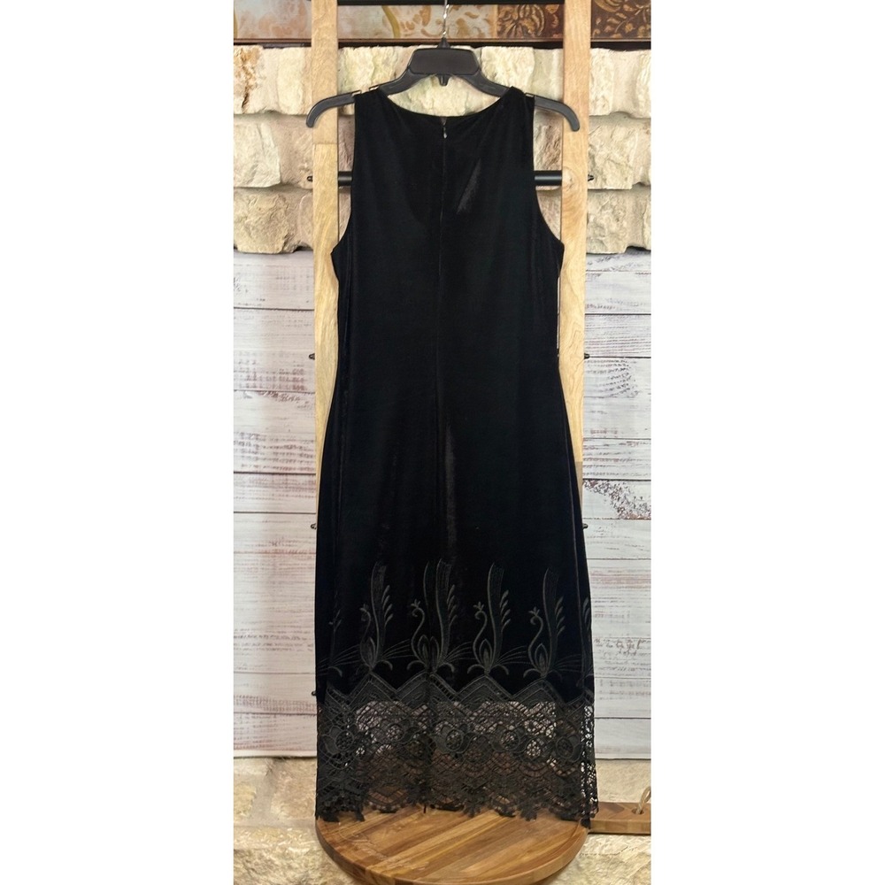 Anne Klein Black Velvet Lace Hem Embroidered Sleeveless Midi Dress Size Medium - Picture 5 of 8